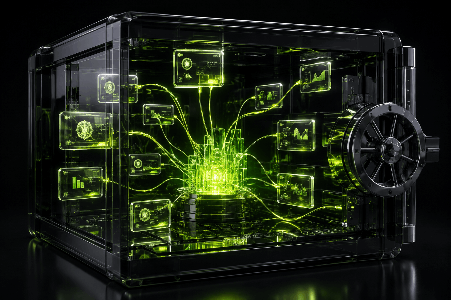 Transparent vault with lime energy threads linking tokenized stock tiles