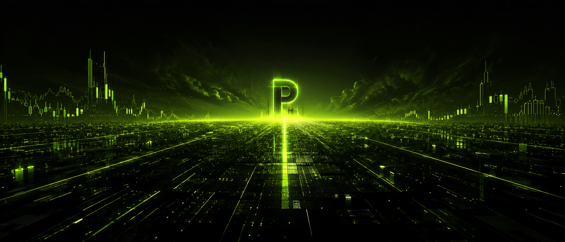 Wide market horizon converging on a glowing P